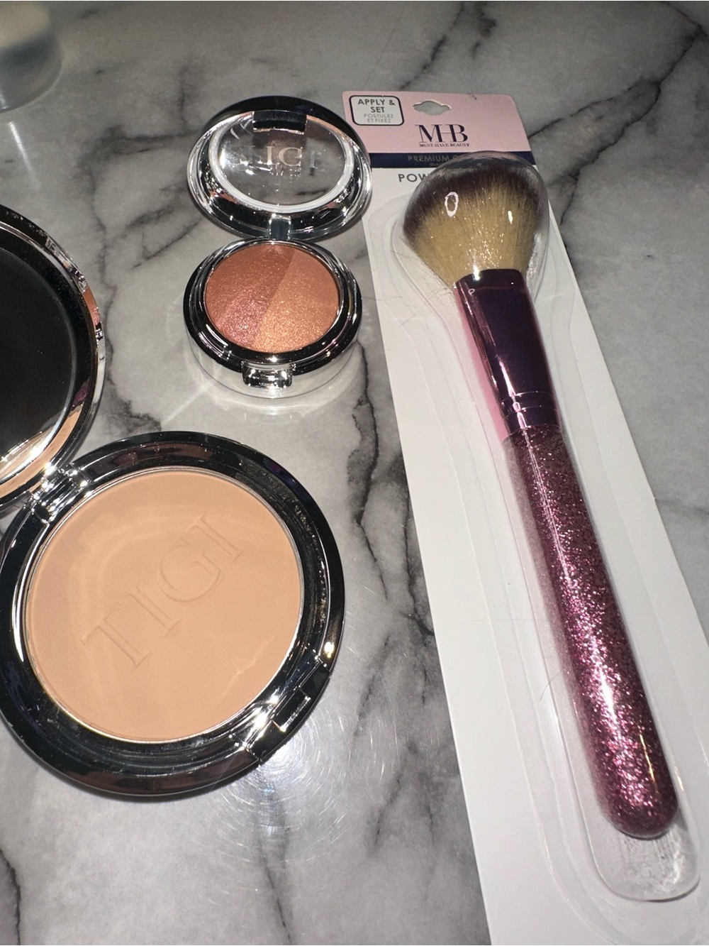 TIGI Powder Foundation, glow blush & blush brush bundle